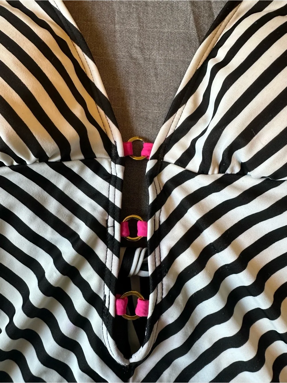 Guess Black & White Striped One-Piece Swimsuit with Mint Polka Dot Lining